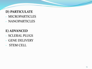 D) PARTICULATE
- MICROPARTICLES
- NANOPARTICLES
E) ADVANCED
- SCLERAL PLUGS
- GENE DELIVERY
- STEM CELL
14
 