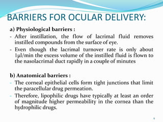BARRIERS FOR OCULAR DELIVERY:
a) Physiological barriers :
- After instillation, the flow of lacrimal fluid removes
instilled compounds from the surface of eye.
- Even though the lacrimal turnover rate is only about
1µl/min the excess volume of the instilled fluid is flown to
the nasolacrimal duct rapidly in a couple of minutes
b) Anatomical barriers :
- The corneal epithelial cells form tight junctions that limit
the paracellular drug permeation.
- Therefore, lipophilic drugs have typically at least an order
of magnitude higher permeability in the cornea than the
hydrophilic drugs.
9
 