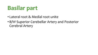 Basilar part
• Lateral root & Medial root unite
• B/W Superior Cerebellar Artery and Posterior
Cerebral Artery
 