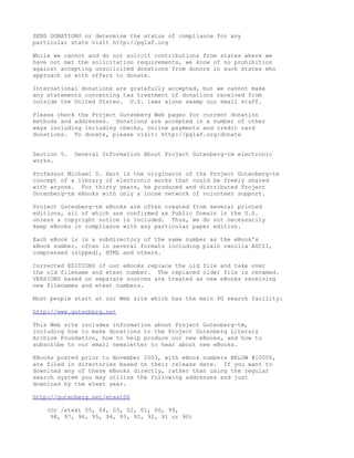 SEND DONATIONS or determine the status of compliance for any
particular state visit http://pglaf.org

While we cannot and do not solicit contributions from states where we
have not met the solicitation requirements, we know of no prohibition
against accepting unsolicited donations from donors in such states who
approach us with offers to donate.

International donations are gratefully accepted, but we cannot make
any statements concerning tax treatment of donations received from
outside the United States. U.S. laws alone swamp our small staff.

Please check the Project Gutenberg Web pages for current donation
methods and addresses. Donations are accepted in a number of other
ways including including checks, online payments and credit card
donations. To donate, please visit: http://pglaf.org/donate


Section 5.   General Information About Project Gutenberg-tm electronic
works.

Professor Michael S. Hart is the originator of the Project Gutenberg-tm
concept of a library of electronic works that could be freely shared
with anyone. For thirty years, he produced and distributed Project
Gutenberg-tm eBooks with only a loose network of volunteer support.

Project Gutenberg-tm eBooks are often created from several printed
editions, all of which are confirmed as Public Domain in the U.S.
unless a copyright notice is included. Thus, we do not necessarily
keep eBooks in compliance with any particular paper edition.

Each eBook is in a subdirectory of the same number as the eBook's
eBook number, often in several formats including plain vanilla ASCII,
compressed (zipped), HTML and others.

Corrected EDITIONS of our eBooks replace the old file and take over
the old filename and etext number. The replaced older file is renamed.
VERSIONS based on separate sources are treated as new eBooks receiving
new filenames and etext numbers.

Most people start at our Web site which has the main PG search facility:

http://www.gutenberg.net

This Web site includes information about Project Gutenberg-tm,
including how to make donations to the Project Gutenberg Literary
Archive Foundation, how to help produce our new eBooks, and how to
subscribe to our email newsletter to hear about new eBooks.

EBooks posted prior to November 2003, with eBook numbers BELOW #10000,
are filed in directories based on their release date. If you want to
download any of these eBooks directly, rather than using the regular
search system you may utilize the following addresses and just
download by the etext year.

http://gutenberg.net/etext06

    (Or /etext 05, 04, 03, 02, 01, 00, 99,
     98, 97, 96, 95, 94, 93, 92, 92, 91 or 90)
 