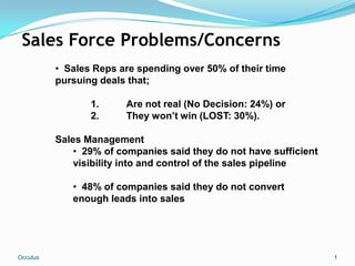 Sales Force Problems/Concerns
          • Sales Reps are spending over 50% of their time
          pursuing deals that;

                 1.     Are not real (No Decision: 24%) or
                 2.     They won’t win (LOST: 30%).

          Sales Management
              • 29% of companies said they do not have sufficient
              visibility into and control of the sales pipeline

             • 48% of companies said they do not convert
             enough leads into sales




Occulus                                                             1
 