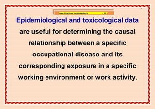 ]

             www.SlideShare.net/AhmedRefat   - 10 -


Epidemiological and toxicological data
are useful for determining the causal
   relationship between a specific
    occupational disease and its
corresponding exposure in a specific
working environment or work activity.
 