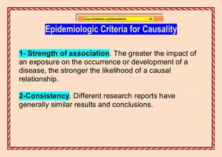 ]

                   www.SlideShare.net/AhmedRefat   - 14 -


       Epidemiologic Criteria for Causality

1- Strength of association. The greater the impact of
an exposure on the occurrence or development of a
disease, the stronger the likelihood of a causal
relationship.

2-Consistency. Different research reports have
generally similar results and conclusions.
 