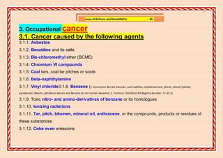 ]

                                                     www.SlideShare.net/AhmedRefat                      - 36 -


3. Occupational cancer
3.1. Cancer caused by the following agents
3.1.1. Asbestos
3.1.2. Benzidine and its salts
3.1.3. Bis-chloromethyl ether (BCME)
3.1.4. Chromium VI compounds
3.1.5. Coal tars, coal tar pitches or soots
3.1.6. Beta-naphthylamine
3.1.7. Vinyl chloride3.1.8. Benzene (1. Synonyms: Benzol, benzole, coal naphtha, cyclohexatriene, phene, phenyl hydride,
pyrobenzol. (Benzin, petroleum benzin and Benzine do not contain benzene).2. Formula: C(6)H(6) (CAS Registry Number: 71-43-2)

3.1.9. Toxic nitro- and amino-derivatives of benzene or its homologues
3.1.10. Ionizing radiations
3.1.11. Tar, pitch, bitumen, mineral oil, anthracene, or the compounds, products or residues of
these substances
3.1.12. Coke oven emissions
 