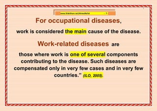 ]

                  www.SlideShare.net/AhmedRefat   - 7-


        For occupational diseases,
work is considered the main cause of the disease.

         Work-related diseases                           are
  those where work is one of several components
   contributing to the disease. Such diseases are
compensated only in very few cases and in very few
                 countries.” (ILO, 2005).
 