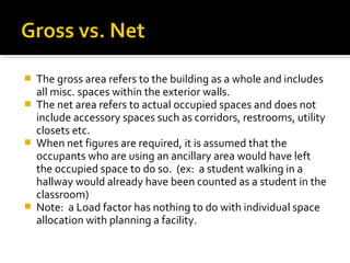  The gross area refers to the building as a whole and includes
all misc. spaces within the exterior walls.
 The net area refers to actual occupied spaces and does not
include accessory spaces such as corridors, restrooms, utility
closets etc.
 When net figures are required, it is assumed that the
occupants who are using an ancillary area would have left
the occupied space to do so. (ex: a student walking in a
hallway would already have been counted as a student in the
classroom)
 Note: a Load factor has nothing to do with individual space
allocation with planning a facility.
 