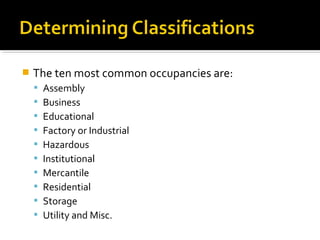  The ten most common occupancies are:
 Assembly
 Business
 Educational
 Factory or Industrial
 Hazardous
 Institutional
 Mercantile
 Residential
 Storage
 Utility and Misc.
 