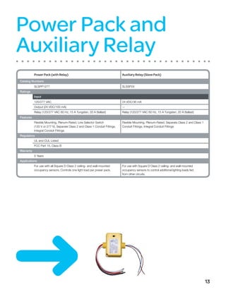 Power Pack and
Auxiliary Relay
           Power Pack (with Relay)                                            Auxiliary Relay (Slave Pack)
Catalog Numbers
           SLSPP1277                                                          SLSSP24
Ratings
           Input
           120/277 VAC                                                        24 VDC/36 mA
           Output (24 VDC/100 mA)                                             —
           Relay (120/277 VAC 60 Hz, 15 A Tungsten, 20 A Ballast)             Relay (120/277 VAC 60 Hz, 15 A Tungsten, 20 A Ballast)
Features
           Flexible Mounting, Plenum-Rated, Line Selector Switch              Flexible Mounting, Plenum-Rated, Separate Class 2 and Class 1
           (120 V or 277 V), Separate Class 2 and Class 1 Conduit Fittings,   Conduit Fittings, Integral Conduit Fittings
           Integral Conduit Fittings
Regulatory
           UL and CUL Listed
           FCC Part 15, Class B
Warranty
           5 Years
Applications
           For use with all Square D Class 2 ceiling- and wall-mounted        For use with Square D Class 2 ceiling- and wall-mounted
           occupancy sensors. Controls one light load per power pack.         occupancy sensors to control additional lighting loads fed
                                                                              from other circuits.




                                                                                                                                              13
 