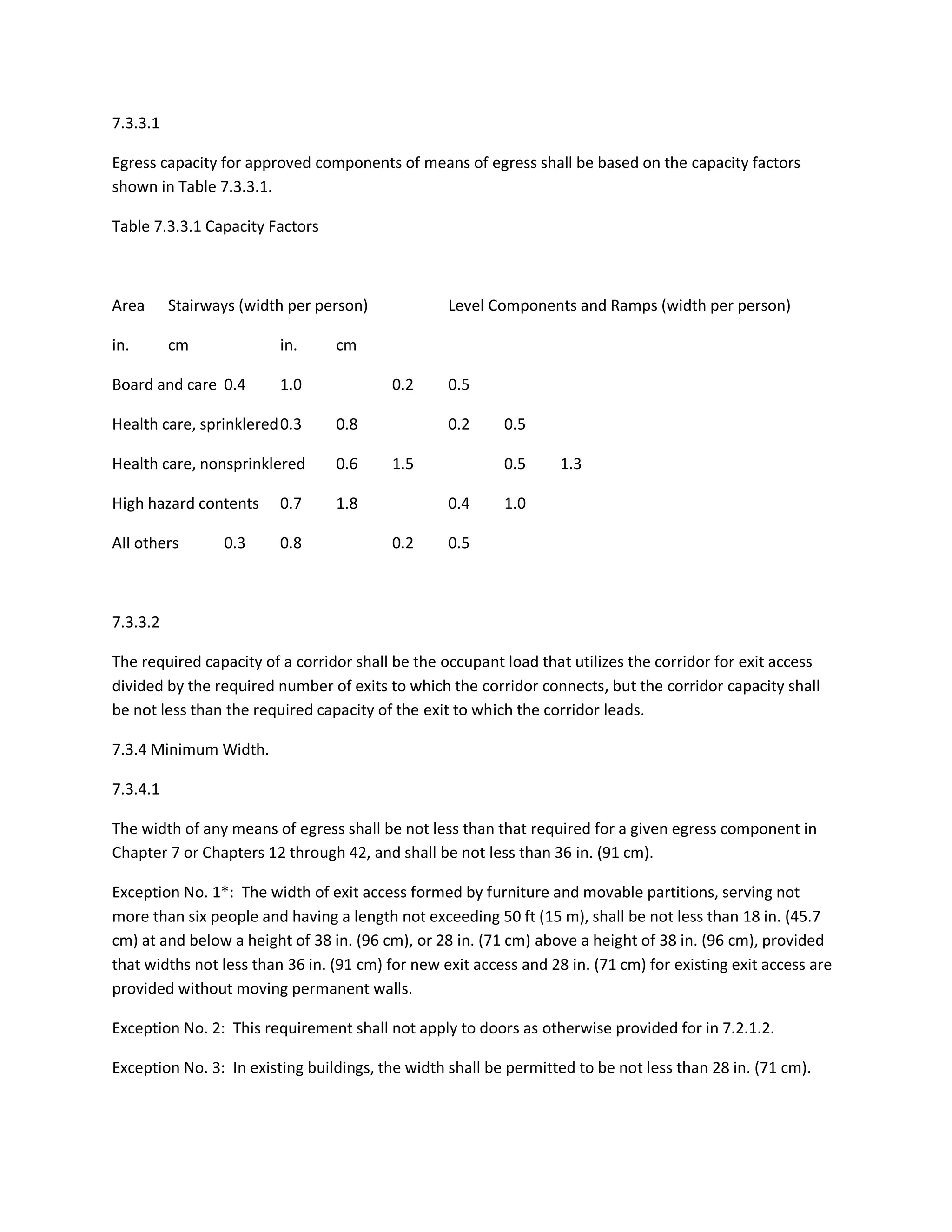 7.3.3.1
Egress capacity for approved components of means of egress shall be based on the capacity factors
shown in Table 7.3.3.1.
Table 7.3.3.1 Capacity Factors
Area Stairways (width per person) Level Components and Ramps (width per person)
in. cm in. cm
Board and care 0.4 1.0 0.2 0.5
Health care, sprinklered0.3 0.8 0.2 0.5
Health care, nonsprinklered 0.6 1.5 0.5 1.3
High hazard contents 0.7 1.8 0.4 1.0
All others 0.3 0.8 0.2 0.5
7.3.3.2
The required capacity of a corridor shall be the occupant load that utilizes the corridor for exit access
divided by the required number of exits to which the corridor connects, but the corridor capacity shall
be not less than the required capacity of the exit to which the corridor leads.
7.3.4 Minimum Width.
7.3.4.1
The width of any means of egress shall be not less than that required for a given egress component in
Chapter 7 or Chapters 12 through 42, and shall be not less than 36 in. (91 cm).
Exception No. 1*: The width of exit access formed by furniture and movable partitions, serving not
more than six people and having a length not exceeding 50 ft (15 m), shall be not less than 18 in. (45.7
cm) at and below a height of 38 in. (96 cm), or 28 in. (71 cm) above a height of 38 in. (96 cm), provided
that widths not less than 36 in. (91 cm) for new exit access and 28 in. (71 cm) for existing exit access are
provided without moving permanent walls.
Exception No. 2: This requirement shall not apply to doors as otherwise provided for in 7.2.1.2.
Exception No. 3: In existing buildings, the width shall be permitted to be not less than 28 in. (71 cm).
 