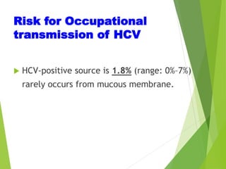 Risk for Occupational
transmission of HCV
 HCV-positive source is 1.8% (range: 0%–7%)
rarely occurs from mucous membrane.
 