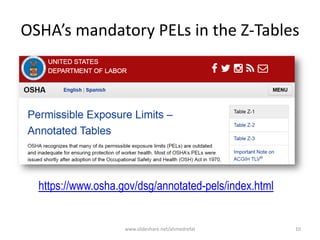 OSHA’s mandatory PELs in the Z-Tables
https://www.osha.gov/dsg/annotated-pels/index.html
www.slideshare.net/ahmedrefat 10
 