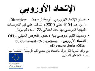 ‫األوزوبي‬ ‫اإلتحبد‬
•‫توجٌهات‬ ‫أربعة‬ ً‫األوروب‬ ‫اإلتحاد‬ ‫أصدر‬Directives
(‫عام‬ ‫من‬1991ً‫حت‬2009)‫التعرضات‬ ‫قٌم‬ ً‫عل‬ ‫شملت‬
ً‫اجمال‬ ‫لعدد‬ ‫بها‬ ‫الموصى‬ ‫المهنٌة‬123‫كٌماوٌة‬ ‫مادة‬.
•‫بها‬ ‫الموصى‬ ‫القٌم‬ ‫وسمٌت‬«ً‫المهن‬ ‫التعرض‬ ‫حدود‬OELs
ً‫االوروب‬ ‫لالتحاد‬-EU Community Occupational
Exposure Limits (OELs)»
‫بها‬ ‫الخاصة‬ ‫الوطنٌة‬ ‫القٌم‬ ‫تضع‬ ‫بؤن‬ ‫باالتحاد‬ ‫دولة‬ ‫لكل‬ ‫الحرٌة‬ ‫ترك‬ ‫مع‬
ً‫المهن‬ ‫التعرض‬ ‫لحدود‬.
www.slideshare.net/ahmedrefat 28
 
