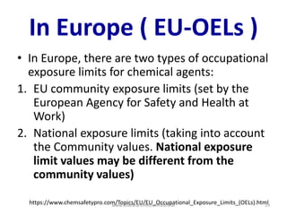 In Europe ( EU-OELs )
• In Europe, there are two types of occupational
exposure limits for chemical agents:
1. EU community exposure limits (set by the
European Agency for Safety and Health at
Work)
2. National exposure limits (taking into account
the Community values. National exposure
limit values may be different from the
community values)
https://www.chemsafetypro.com/Topics/EU/EU_Occupational_Exposure_Limits_(OELs).htmlwww.slideshare.net/ahmedrefat 29
 