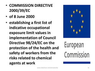 • COMMISSION DIRECTIVE
2000/39/EC
• of 8 June 2000
• establishing a first list of
indicative occupational
exposure limit values in
implementation of Council
Directive 98/24/EC on the
protection of the health and
safety of workers from the
risks related to chemical
agents at work
www.slideshare.net/ahmedrefat 31
 