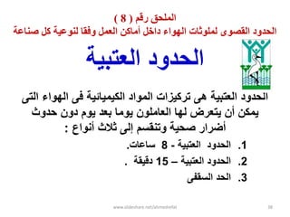 ‫زقم‬ ‫انمهحق‬(8)
‫كم‬ ‫نىىعيت‬ ‫وفقب‬ ‫انعمم‬ ‫أمبكه‬ ‫داخم‬ ‫انهىاء‬ ‫نمهىثبث‬ ‫انقصىي‬ ‫انحدود‬‫صىبعت‬
‫العتبٌة‬ ‫الحدود‬
‫الحدود‬‫التى‬ ‫الهواء‬ ‫فى‬ ‫الكٌمٌائٌة‬ ‫المواد‬ ‫تركٌزات‬ ‫هى‬ ‫العتبٌة‬
‫حدوث‬ ‫دون‬ ‫ٌوم‬ ‫بعد‬ ‫ٌوما‬ ‫العاملون‬ ‫لها‬ ‫ٌتعرض‬ ‫أن‬ ‫ٌمكن‬
‫أنواع‬ ‫ثالث‬ ‫إلى‬ ‫وتنقسم‬ ‫صحٌة‬ ‫أضرار‬:
.1‫الحدود‬‫العتبٌة‬-8‫ساعات‬.
.2‫الحدود‬‫العتبٌة‬–15‫دقٌقة‬.
.3‫الحد‬‫السقفى‬
www.slideshare.net/ahmedrefat 38
 