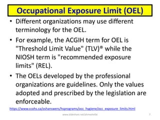 Occupational Exposure Limit (OEL)
• Different organizations may use different
terminology for the OEL.
• For example, the ACGIH term for OEL is
"Threshold Limit Value" (TLV)® while the
NIOSH term is "recommended exposure
limits" (REL).
• The OELs developed by the professional
organizations are guidelines. Only the values
adopted and prescribed by the legislation are
enforceable.
https://www.ccohs.ca/oshanswers/hsprograms/occ_hygiene/occ_exposure_limits.html
www.slideshare.net/ahmedrefat 7
 
