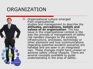 ORGANIZATION
 Organizational culture emerged
from organizational
studies and management to describe the
attitudes, perceptions, beliefs and
values of an organization. The key
issue in the organisational context is the
way the process of management of safety
risk handles changes to the existing
infrastructure, processes, technology or
other elements and how communications
regarding potential accident scenarios are
handled and are seen in an integrated
way. These changes might have unseen or
adverse safety critical impacts. There are
several concepts available to guide
understanding in the area of safety.
 