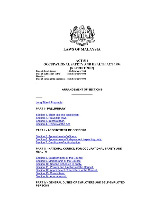 Occupational Safety And Health Act 1994 Malaysia | PDF