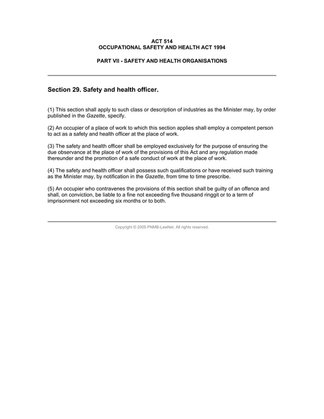 Occupational Safety And Health Act 1994 Malaysia | PDF