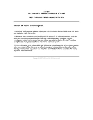 Occupational Safety And Health Act 1994 Malaysia | PDF
