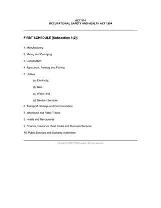 Occupational Safety And Health Act 1994 Malaysia | PDF