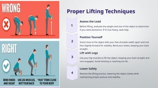 Proper Lifting Techniques
Assess the Load
Before lifting, evaluate the weight and size of the object to determine
if you need assistance. If it's too heavy, seek help.
Position Yourself
Stand close to the object with your feet shoulder-width apart and one
foot slightly forward for stability. Bend your knees, keeping your back
straight.
Lift with Legs
Use your leg muscles to lift the object, keeping your back straight and
core engaged. Avoid twisting or reaching too far.
Lower Safely
Reverse the lifting process, lowering the object slowly while
maintaining proper posture and stability.
 