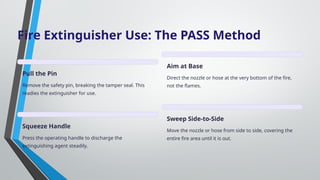 Fire Extinguisher Use: The PASS Method
Pull the Pin
Remove the safety pin, breaking the tamper seal. This
readies the extinguisher for use.
Aim at Base
Direct the nozzle or hose at the very bottom of the fire,
not the flames.
Squeeze Handle
Press the operating handle to discharge the
extinguishing agent steadily.
Sweep Side-to-Side
Move the nozzle or hose from side to side, covering the
entire fire area until it is out.
 