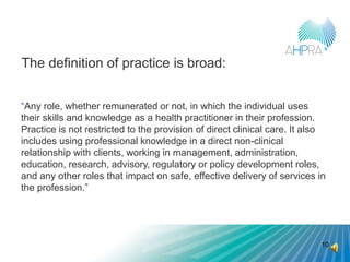 The definition of practice is broad:
“Any role, whether remunerated or not, in which the individual uses
their skills and ...