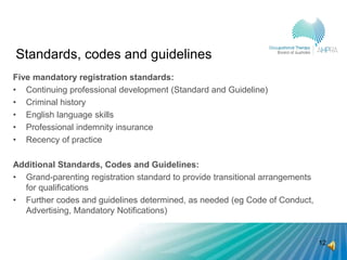 Standards, codes and guidelines
Five mandatory registration standards:
• Continuing professional development (Standard and...