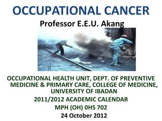 OCCUPATIONAL CANCER
Professor E.E.U. Akang

OCCUPATIONAL HEALTH UNIT, DEPT. OF PREVENTIVE
MEDICINE & PRIMARY CARE, COLLEGE OF MEDICINE,
UNIVERSITY OF IBADAN
2011/2012 ACADEMIC CALENDAR
MPH (OH) 0HS 702
24 October 2012

 