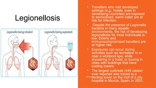 • Travellers who visit developed
settings (e.g., hotels, even in
developing countries) are exposed
to aerosolized, warm water are at
risk for infection.
• Despite the presence of Legionella
bacteria in many aquatic
environments, the risk of developing
legionellosis for most individuals is
low. Elderly and
immunocompromised travellers are
at higher risk.
• Exposures can occur during
activities such as recreation in or
near a whirlpool spa, while
showering in a hotel, or touring in
cities with buildings that have
cooling towers.
• The largest outbreak (449 cases)
ever reported was traced to a
cooling tower on the roof of a city
hospital in Murcia, Spain, in 2001.
Legionellosis
 
