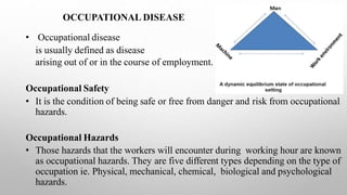 OCCUPATIONAL DISEASE
• Occupational disease
is usually defined as disease
arising out of or in the course of employment.
Occupational Safety
• It is the condition of being safe or free from danger and risk from occupational
hazards.
Occupational Hazards
• Those hazards that the workers will encounter during working hour are known
as occupational hazards. They are five different types depending on the type of
occupation ie. Physical, mechanical, chemical, biological and psychological
hazards.
 