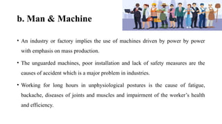 b. Man & Machine
• An industry or factory implies the use of machines driven by power by power
with emphasis on mass production.
• The unguarded machines, poor installation and lack of safety measures are the
causes of accident which is a major problem in industries.
• Working for long hours in unphysiological postures is the cause of fatigue,
backache, diseases of joints and muscles and impairment of the worker’s health
and efficiency.
 