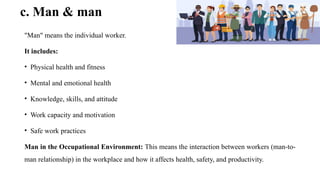 c. Man & man
"Man" means the individual worker.
It includes:
• Physical health and fitness
• Mental and emotional health
• Knowledge, skills, and attitude
• Work capacity and motivation
• Safe work practices
Man in the Occupational Environment: This means the interaction between workers (man-to-
man relationship) in the workplace and how it affects health, safety, and productivity.
 