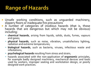 Range of HazardsUnsafe working conditions, such as unguarded machinery, slippery floors or inadequate fire precautionsA number of categories of insidious hazards (that is, those hazards that are dangerous but which may not be obvious) including:chemical hazards, arising from liquids, solids, dusts, fumes, vapours and gases;physical hazards, such as noise, vibration, unsatisfactory lighting, radiation and extreme temperatures;biological hazards, such as bacteria, viruses, infectious waste and infestations;psychological hazards resulting from stress and strain;hazards associated with the non-application of ergonomic principles, for example badly designed machinery, mechanical devices and tools used by workers, improper seating and workstation design, or poorly designed work practices.