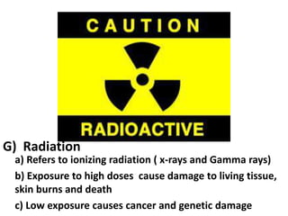 G) Radiation
a) Refers to ionizing radiation ( x-rays and Gamma rays)
b) Exposure to high doses cause damage to living tissue,
skin burns and death
c) Low exposure causes cancer and genetic damage

 