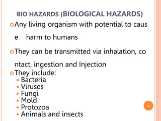 11
Any living organism with potential to caus
e harm to humans
They can be transmitted via inhalation, co
ntact, ingestion and Injection
They include:
 Bacteria
 Viruses
 Fungi
 Mold
 Protozoa
 Animals and insects
BIO HAZARDS (BIOLOGICAL HAZARDS)
 