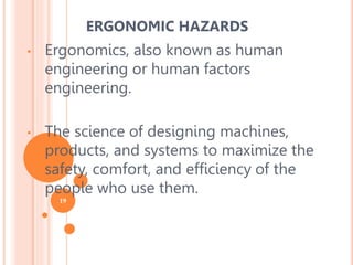• Ergonomics, also known as human
engineering or human factors
engineering.
• The science of designing machines,
products, and systems to maximize the
safety, comfort, and efficiency of the
people who use them.
ERGONOMIC HAZARDS
19
 