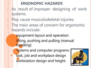 • As result of improper designing of work
systems.
• May cause musculoskeletal injuries.
• The main areas of concern for ergonomic
hazards include:
• equipment layout and operation
• lifting, pushing and pulling (manual
handling)
• systems and computer programs
• task, job and workplace design
• workstation design and height.
ERGONOMIC HAZARDS
20
 