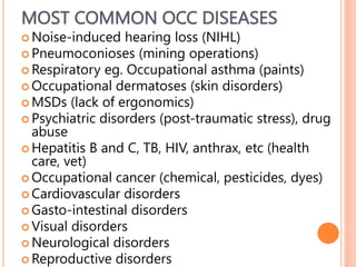 MOST COMMON OCC DISEASES
 Noise-induced hearing loss (NIHL)
 Pneumoconioses (mining operations)
 Respiratory eg. Occupational asthma (paints)
 Occupational dermatoses (skin disorders)
 MSDs (lack of ergonomics)
 Psychiatric disorders (post-traumatic stress), drug
abuse
 Hepatitis B and C, TB, HIV, anthrax, etc (health
care, vet)
 Occupational cancer (chemical, pesticides, dyes)
 Cardiovascular disorders
 Gasto-intestinal disorders
 Visual disorders
 Neurological disorders
 Reproductive disorders 29
 