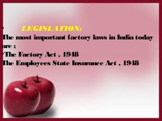 • LEGISLATION: 
The most important factory laws in India today 
are ; 
•The Factory Act , 1948 
The Employees State Insurance Act , 1948 
 