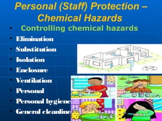 Personal (Staff) Protection – 
Chemical Hazards 
• Controlling che mical hazards 
• Elimination 
• Substitution 
• Isolation 
• Enclosure 
• Ventilation 
• Personal 
• Personal hygiene 
• General cleanliness 
 