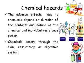 Chemical hazards
 The adverse effects due to
chemicals depend on duration of
the contacts and nature of the
chemical and individual resistance
power.
 Chemicals enters through the
skin, respiratory or digestive
system
 