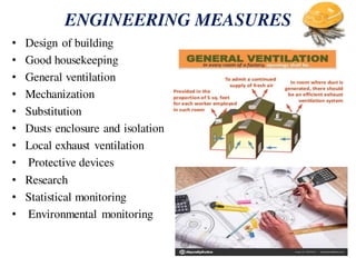 ENGINEERING MEASURES
• Design of building
• Good housekeeping
• General ventilation
• Mechanization
• Substitution
• Dusts enclosure and isolation
• Local exhaust ventilation
• Protective devices
• Research
• Statistical monitoring
• Environmental monitoring
 