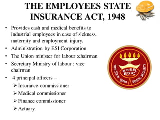 THE EMPLOYEES STATE
INSURANCE ACT, 1948
• Provides cash and medical benefits to
industrial employees in case of sickness,
maternity and employment injury.
• Administration by ESI Corporation
• The Union minister for labour :chairman
• Secretary Ministry of labour : vice
chairman
• 4 principal officers –
Insurance commissioner
Medical commissioner
Finance commissioner
Actuary
 