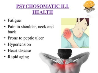 PSYCHOSOMATIC ILL
HEALTH
• Fatigue
• Pain in shoulder, neck and
back
• Prone to peptic ulcer
• Hypertension
• Heart disease
• Rapid aging
 