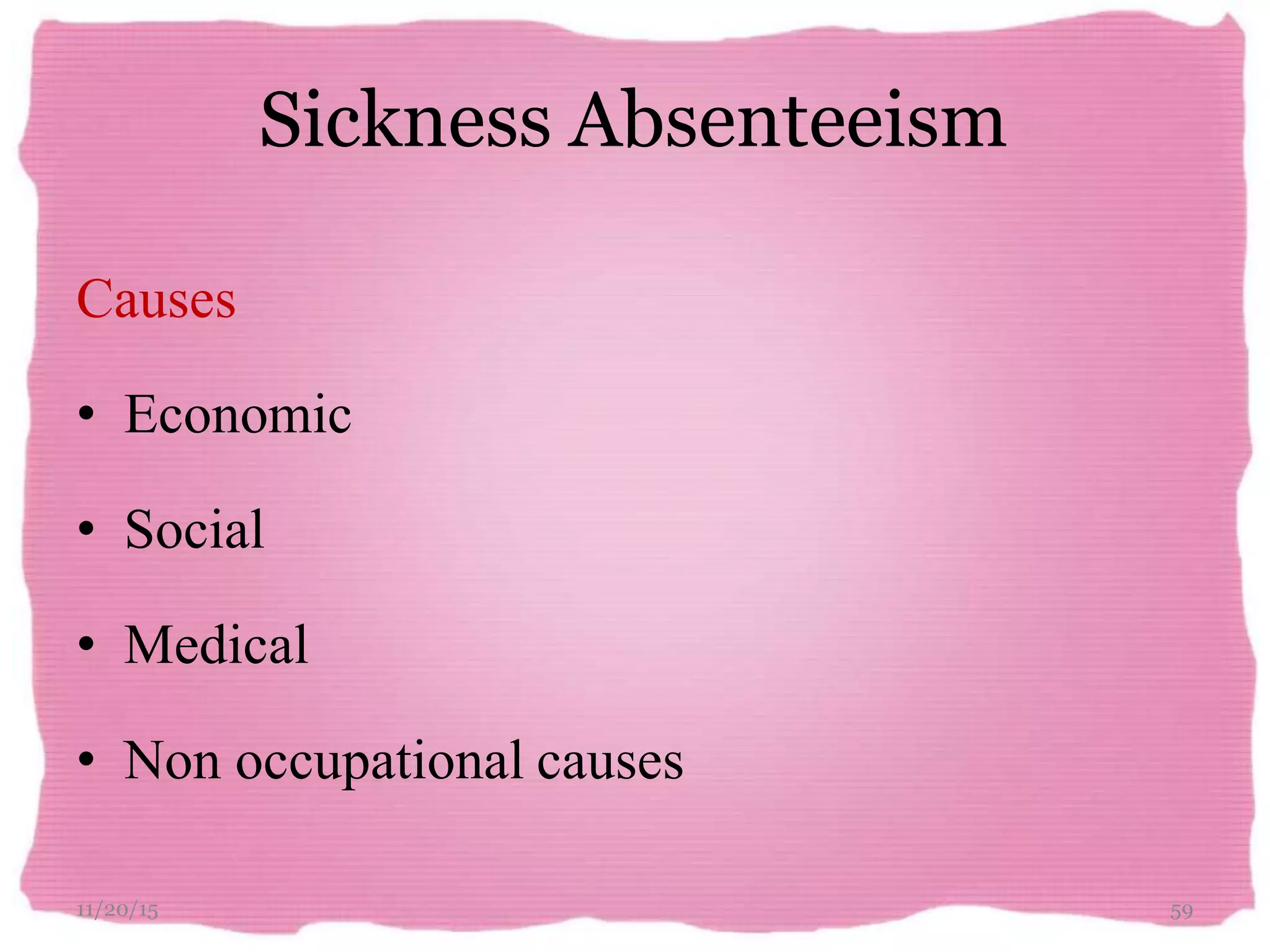 Sickness Absenteeism
11/20/15 59
Causes
• Economic
• Social
• Medical
• Non occupational causes
 