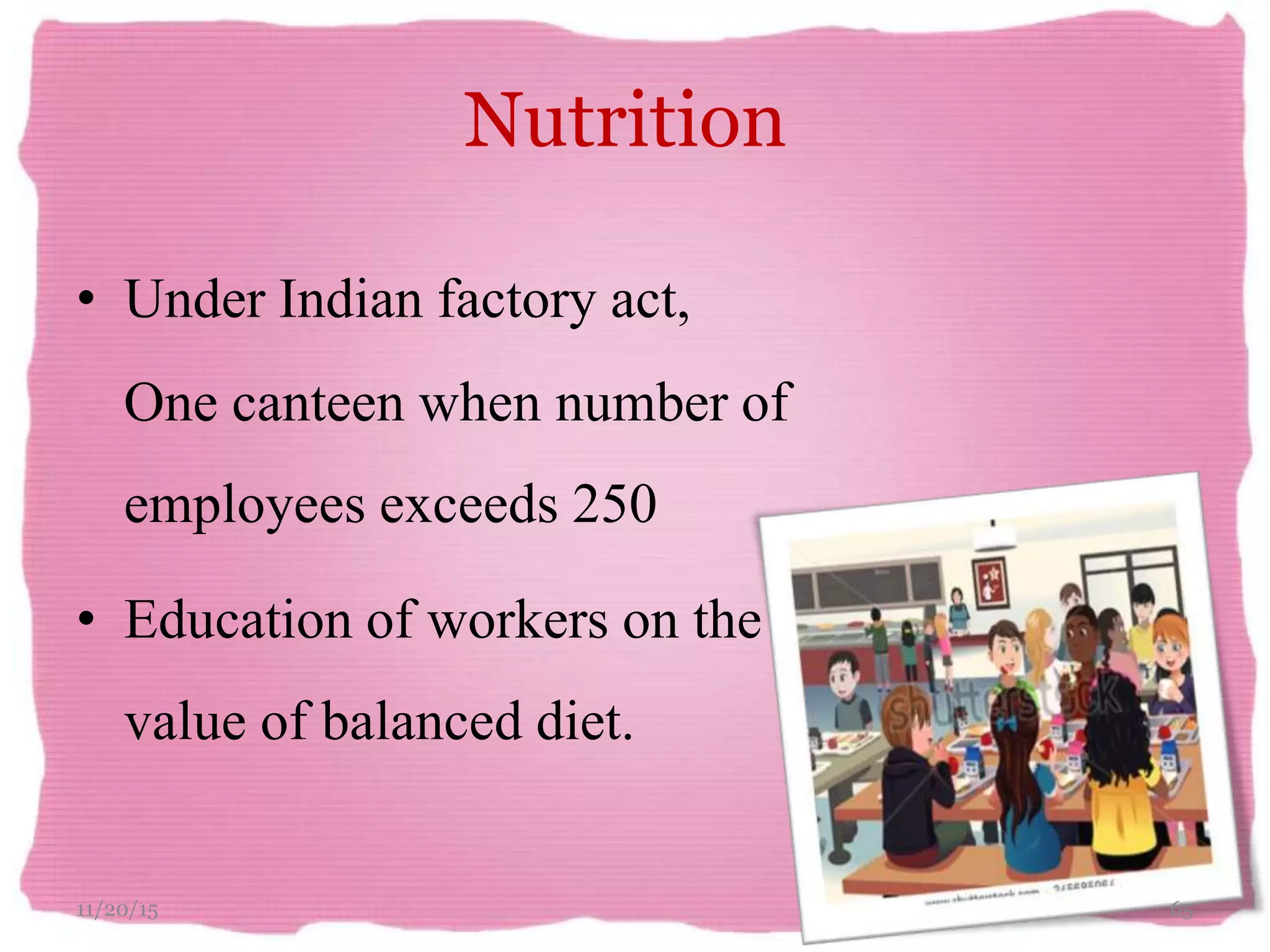 Nutrition
• Under Indian factory act,
One canteen when number of
employees exceeds 250
• Education of workers on the
value of balanced diet.
11/20/15 65
 