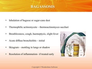 Copyright © Wondershare Software
BAGASSOSIS
• Inhalation of bagasse or sugar-cane dust
• Thermophilic actinomycete – thermoactinomyces sacchari
• Breathlessness, cough, haemoptysis, slight fever
• Acute diffuse bronchiolitis – initial
• Skiagram – mottling in lungs or shadow
• Resolution of inflammation– if treated early
 