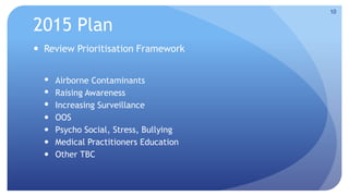 2015 Plan 
 Review Prioritisation Framework 
 Airborne Contaminants 
 Raising Awareness 
 Increasing Surveillance 
 OOS 
 Psycho Social, Stress, Bullying 
 Medical Practitioners Education 
 Other TBC 
10 
 